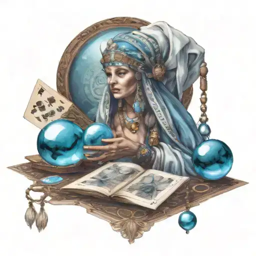 beautiful fortune teller with tarot cards and a blue crystal ball and dice around the fortune teller tattoo design idea