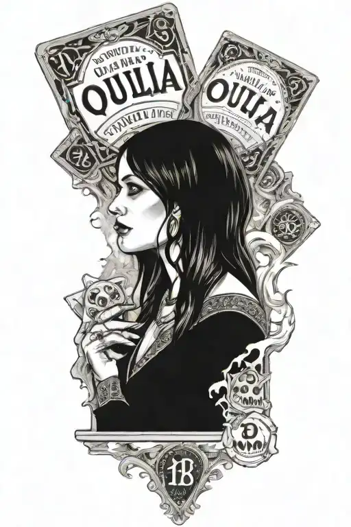 Ouija board woman posing together looking tattoo design idea