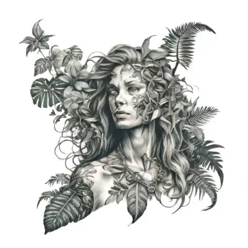 jane long hair in jungle forest with trees  tattoo design idea