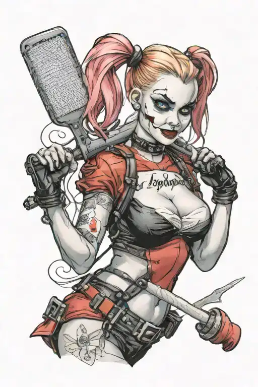 "ultra-realistic" harley quinn holding a baseball  racket  she wear a batman mask  tattoo design idea