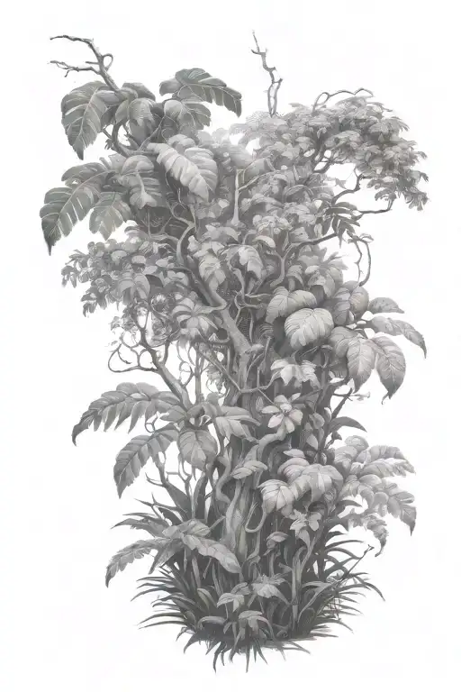 gray scale Jungle trees with vines and bushes tattoo design idea