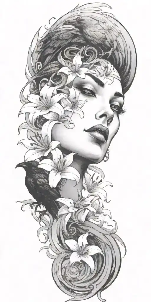 a raven flying and medusa's face staring with lilies crashing into 3 ocean waves tattoo design idea