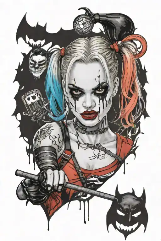 "ultra-realistic" harley quinn with baseball  racket  batman in background  tattoo design idea