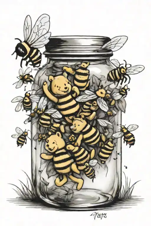 winnie the pooh only small bees buzzing with hony jar tattoo design idea