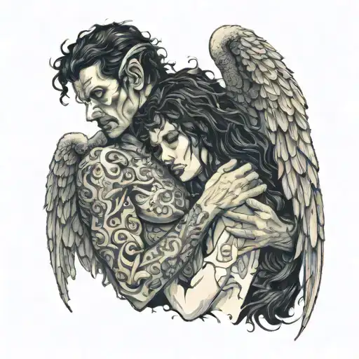majestic bla haired female demon hugging a black haired male angel, highly detailed face, surrealism, dark fantasy, high tattoo design idea