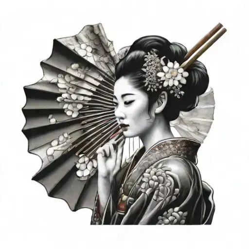 japanese geisha holding sun fan tattoo design idea