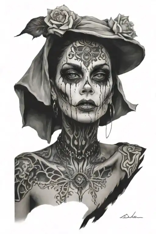 deamon woman with black eyes stand posing  tattoo design idea