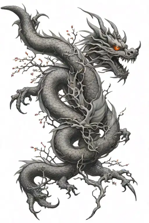 "ultra-realistic " japan dragon warped aroun cherry tree intertwined tattoo design idea