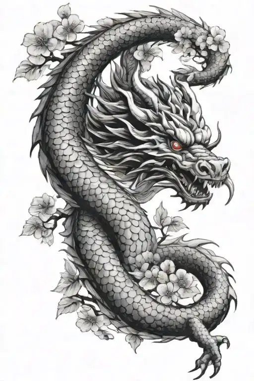 "ultra-realistic " japan dragon flying  around cherry tree  tattoo design idea