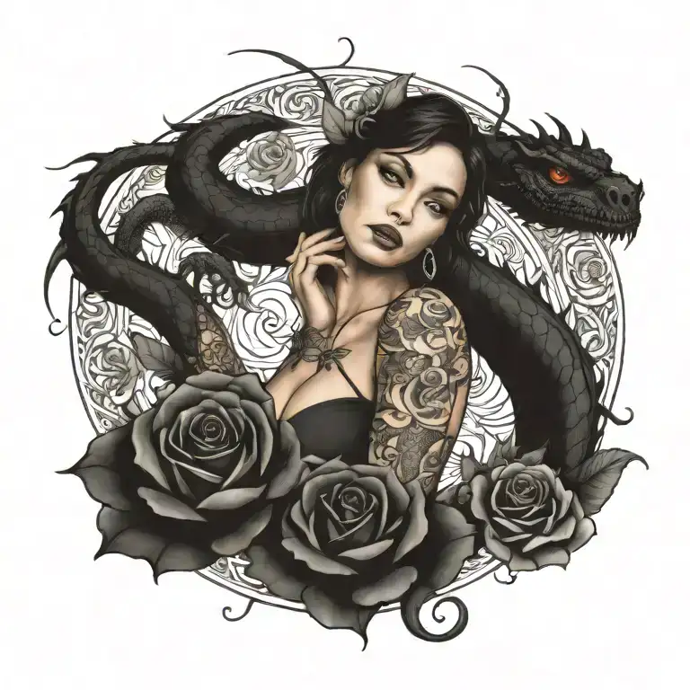 Dragon roses woman posing tattoo design idea