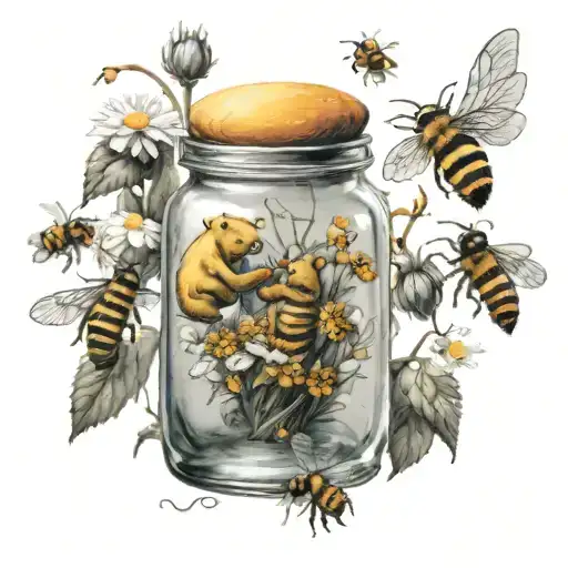 winnie the pooh " honey jar " whit bees flying tattoo design idea