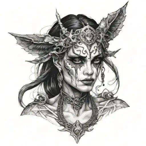 deamon woman with black eyes stand posing  tattoo design idea