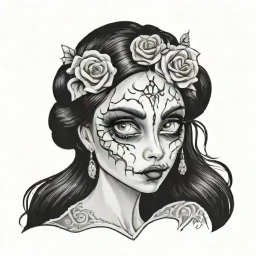 Emily Corpse Bride wielding  big eyes long black hair smudged mascara tattoo design idea