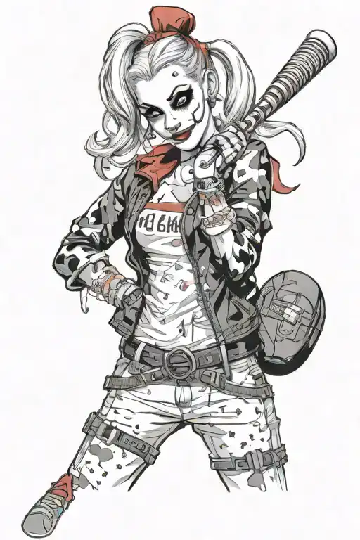 "ultra-realistic" harley quinn with baseball  racket   tattoo design idea
