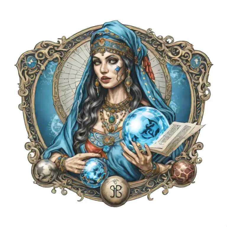 beautiful fortune teller with tarot cards and a blue crystal ball and dice around the fortune teller tattoo design idea