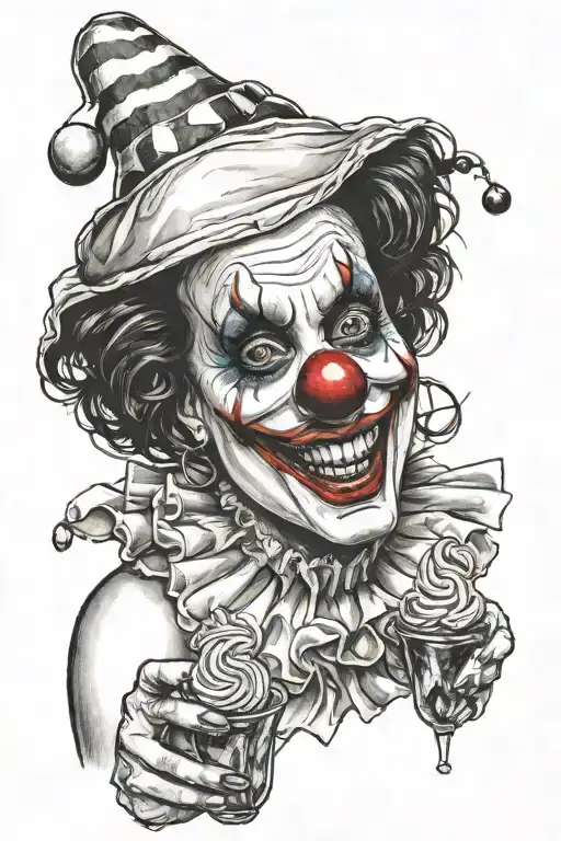 Realism "Ultra-realistic horror sexy clown  woman holding candy club in her hand"  tattoo design idea