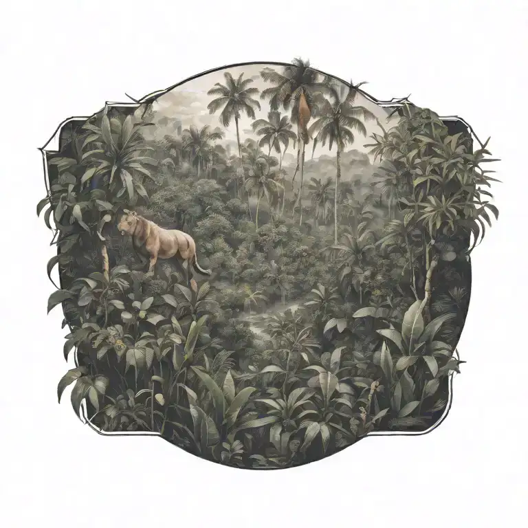 leon with jungle bushes trees forest tattoo design idea