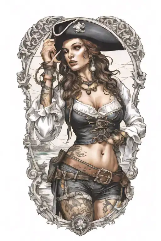 super real sexig pirate woman standing posing tattoo design idea