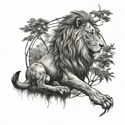 lion jungle forest with trees pentagrams tattoo design idea