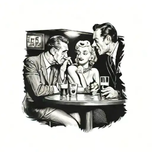 "ultra realistic" marilyn monroe and  humphrey bogart and elvis presley sit in a bar drinking beer tattoo design idea