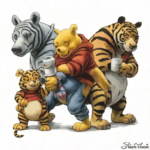 Winnie the Pooh with friends Tigger Piglet Eeyore holding a coffee mug tattoo design idea