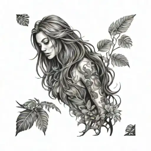 jane long hair in jungle forest with trees pergament tattoo design idea