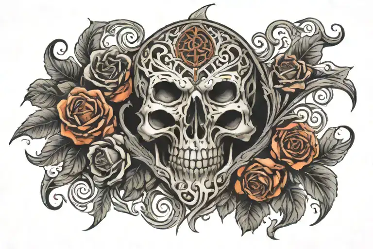 tribal tattoo chest under breast skulls and roses tattoo design idea