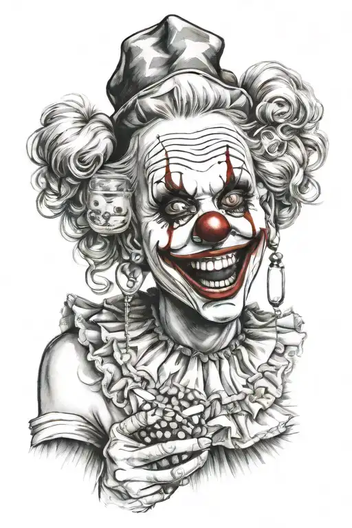 Realism "Ultra-realistic horror sexy clown ta woman holding candy club in her hand"  tattoo design idea