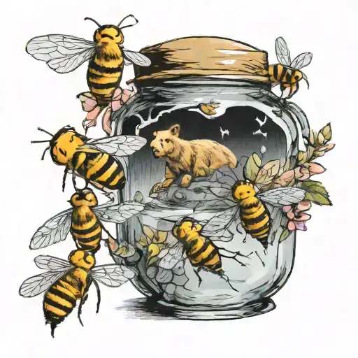 winnie the pooh " honey jar " whit bees flying tattoo design idea