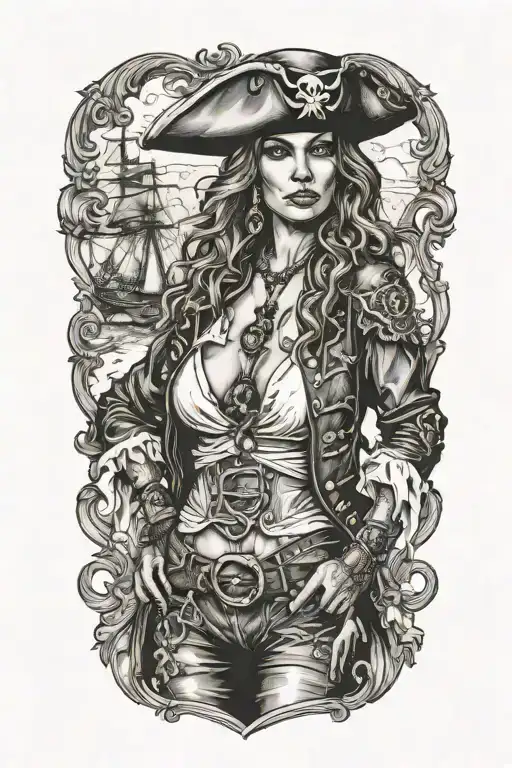 super real sexig pirate woman standing posing tattoo design idea