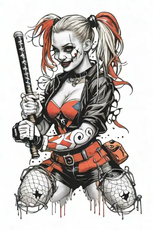 "ultra-realistic" harley quinn with baseball  racket   tattoo design idea