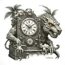time travel machine operator working with jungle and monsters tattoo design idea