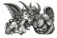 Devil man with horn Kissing a beautiful angel woman .dark background with night sky tattoo design idea