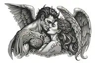 Devil man with horn Kissing a beautiful angel woman .dark background with night sky tattoo design idea