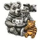 Winnie the Pooh with friends Tigger Piglet Eeyore holding a coffee mug tattoo design idea