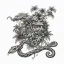leons with  jungle trees forest and small snakes   liana tattoo design idea