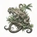 leons with  jungle trees forest and small snakes   liana tattoo design idea