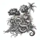 leons with  jungle trees forest and small snakes   liana tattoo design idea