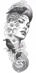 a raven flying and medusa's face staring with lilies crashing into 3 ocean waves tattoo design idea