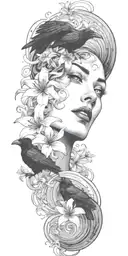 a raven flying and medusa's face staring with lilies crashing into 3 ocean waves tattoo design idea