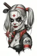 "ultra-realistic" harley quinn with baseball  racket  wear a batman mask  tattoo design idea