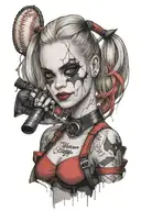 "ultra-realistic" harley quinn with baseball  racket  wear a batman mask  tattoo design idea