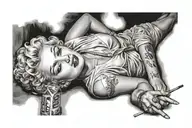 "ultra realistic" marilyn monroe  lies down and holds a cigarette in one hand and smiles tattoo design idea