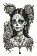 Emily Corpse Bride wielding  big eyes long black hair smudged mascara tattoo design idea