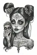 Emily Corpse Bride wielding  big eyes long black hair smudged mascara tattoo design idea