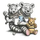 Winnie the Pooh with friends Tigger Piglet Eeyore holding a coffee mug tattoo design idea