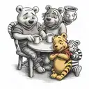 Winnie the Pooh with friends Tigger Piglet Eeyore holding a coffee mug tattoo design idea