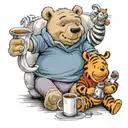Winnie the Pooh with friends Tigger Piglet Eeyore holding a coffee mug tattoo design idea