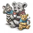 Winnie the Pooh with friends Tigger Piglet Eeyore holding a coffee mug tattoo design idea