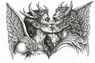 Devil man with horn Kissing a beautiful angel woman .dark background with night sky tattoo design idea